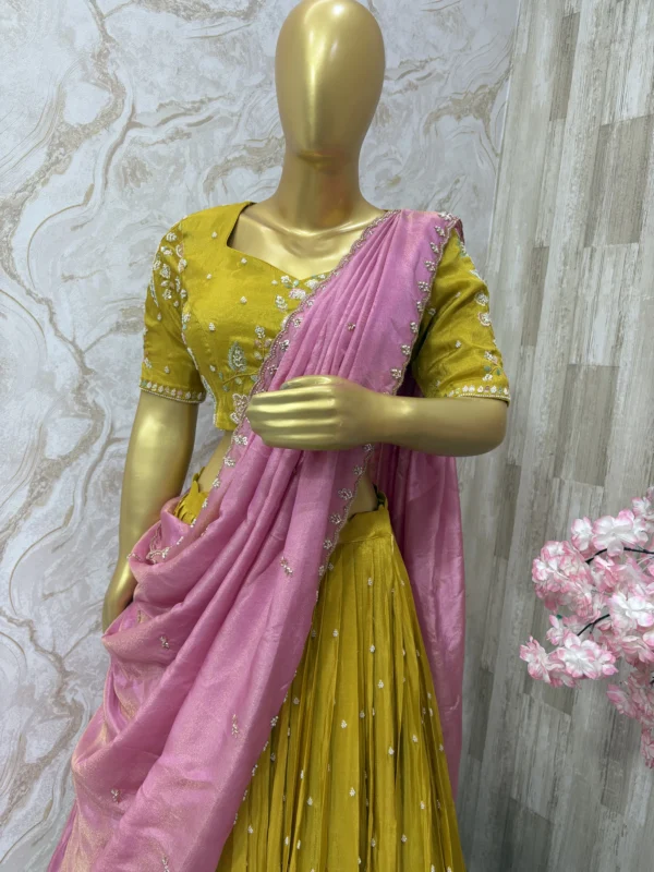 Bridal heavy hand work lehenga paired with beautiful contrast hand work dupatta