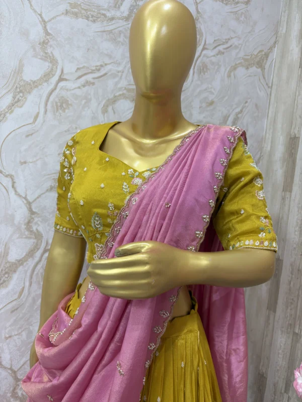 Bridal heavy hand work lehenga paired with beautiful contrast hand work dupatta