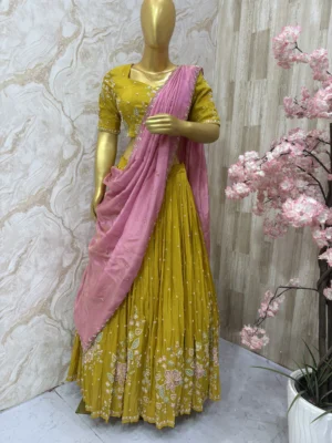 Bridal heavy hand work lehenga paired with beautiful contrast hand work dupatta