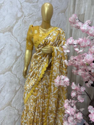 Kalamkari saree having scalap border paired with beautiful tissue sequin work blouse