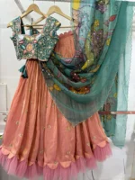 Tissue lehenga paired up with heavy maggam work blouse & pure pen kalamkari organza dupatta