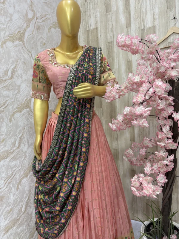 Pure munga crepe lehenga having beautiful pithani border pired with maggam work blouse & patola dupatta