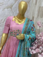 Tissue long gown with beautiful maggam work & having heavy flare paired with chiffon kalamkari dupatta