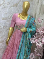 Tissue long gown with beautiful maggam work & having heavy flare paired with chiffon kalamkari dupatta