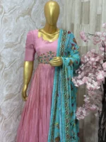 Tissue long gown with beautiful maggam work & having heavy flare paired with chiffon kalamkari dupatta