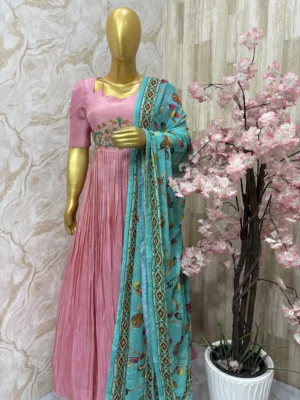 Tissue long gown with beautiful maggam work & having heavy flare paired with chiffon kalamkari dupatta
