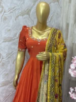 Designer crepe silk long gown with beautiful maggam work paired with kalamkari mirror work dupatta