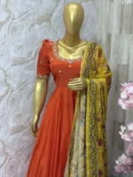 Designer crepe silk long gown with beautiful maggam work paired with kalamkari mirror work dupatta