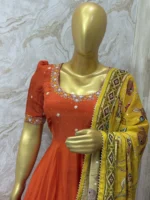 Designer crepe silk long gown with beautiful maggam work paired with kalamkari mirror work dupatta