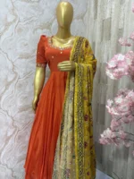 Designer crepe silk long gown with beautiful maggam work paired with kalamkari mirror work dupatta