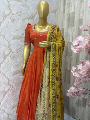 Designer crepe silk long gown with beautiful maggam work paired with kalamkari mirror work dupatta
