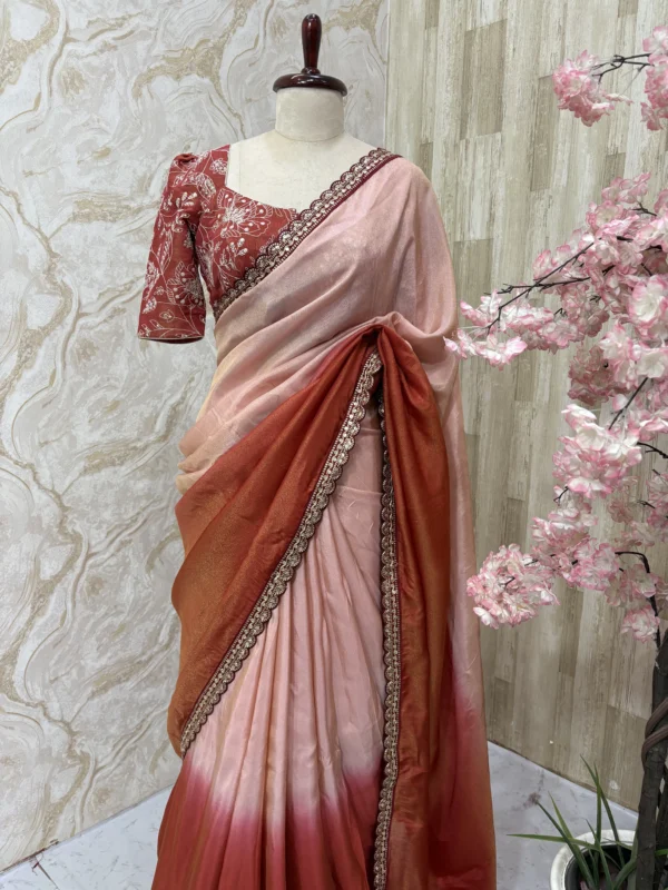 Tissue dual shade saree paired with beautiful sequin work blouse