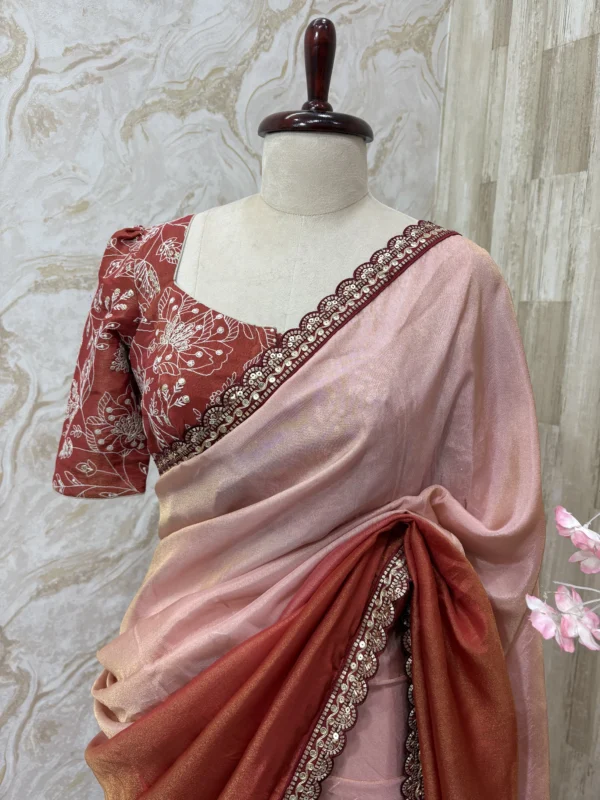 Tissue dual shade saree paired with beautiful sequin work blouse