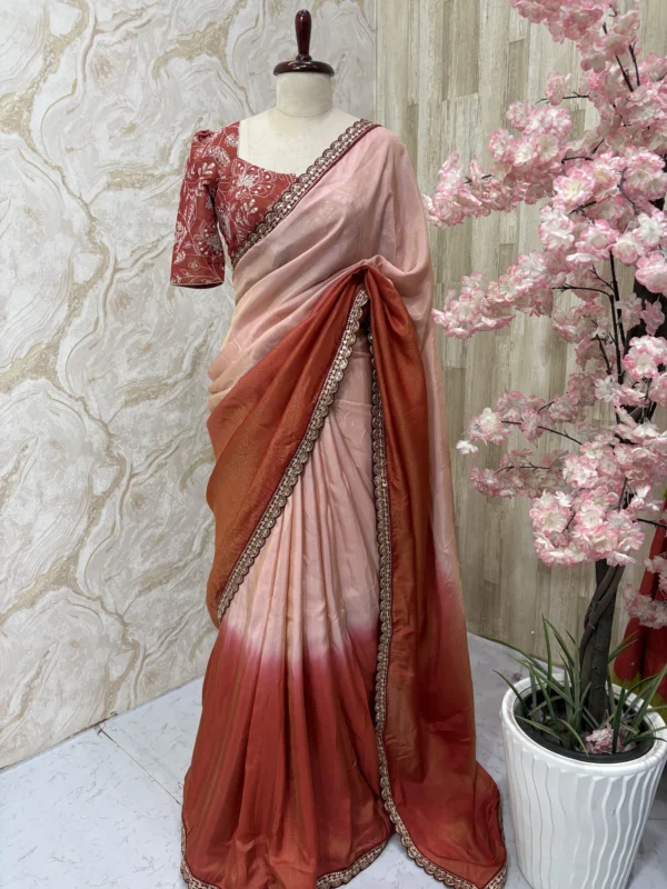 Tissue dual shade saree paired with beautiful sequin work blouse