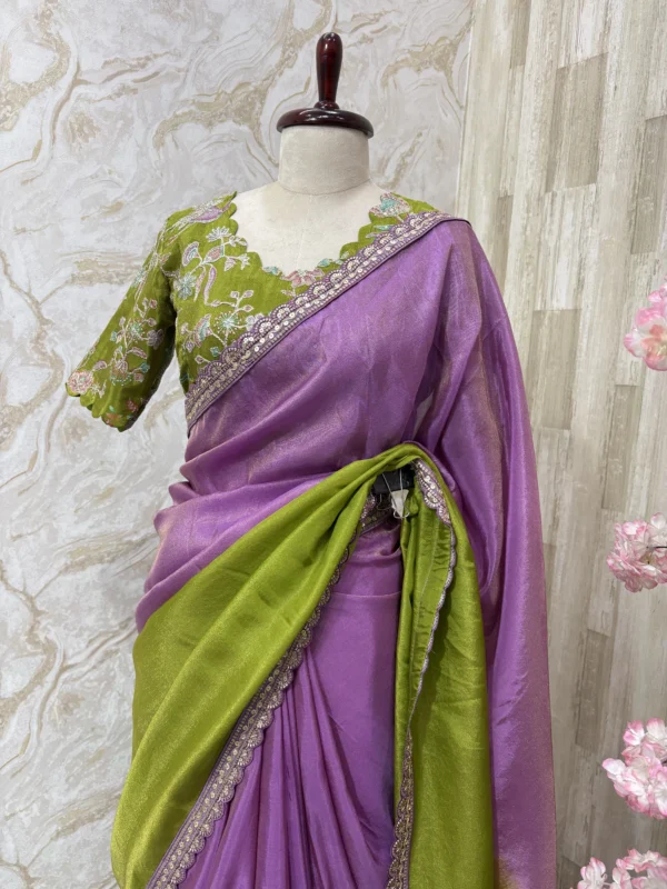 Tissue dual shade saree paired with beautiful sequin work blouse