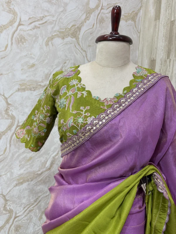Tissue dual shade saree paired with beautiful sequin work blouse