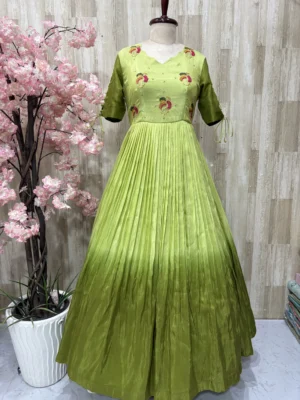 Dual shade maggam work long gown with heavy flare