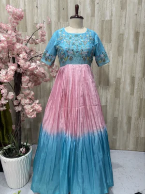 Dual shade heavy maggam work long gown with heavy flare