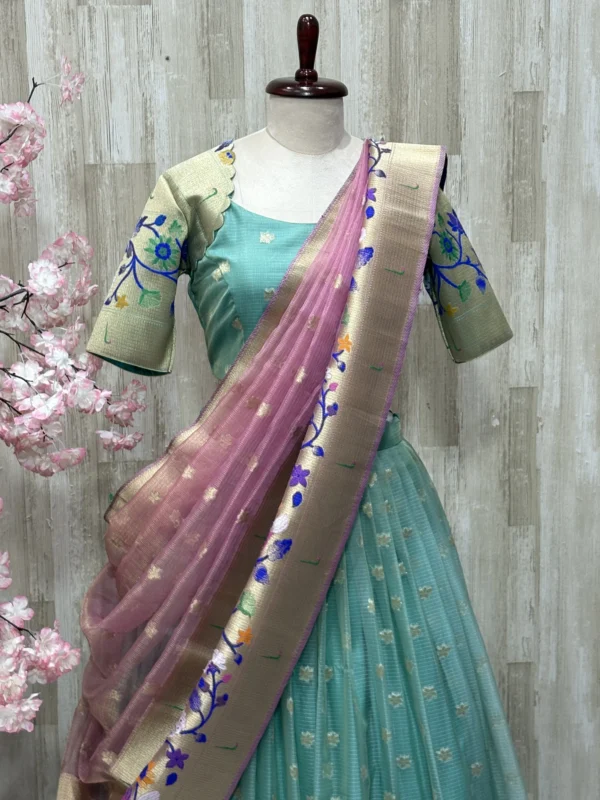 Tissue kota lehenga with beautiful border paired with contrast dupatta