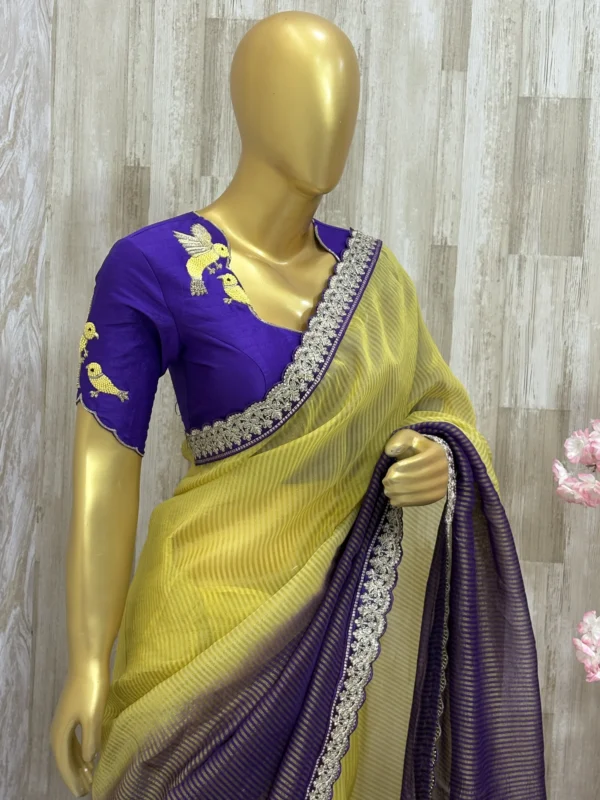 Falling organza dual shade saree paired with beautiful maggam work blouse