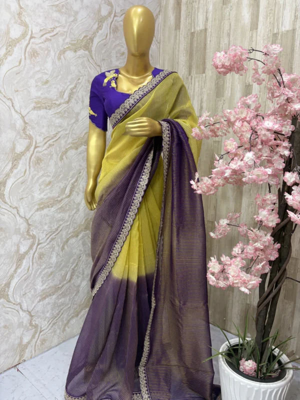 Falling organza dual shade saree paired with beautiful maggam work blouse