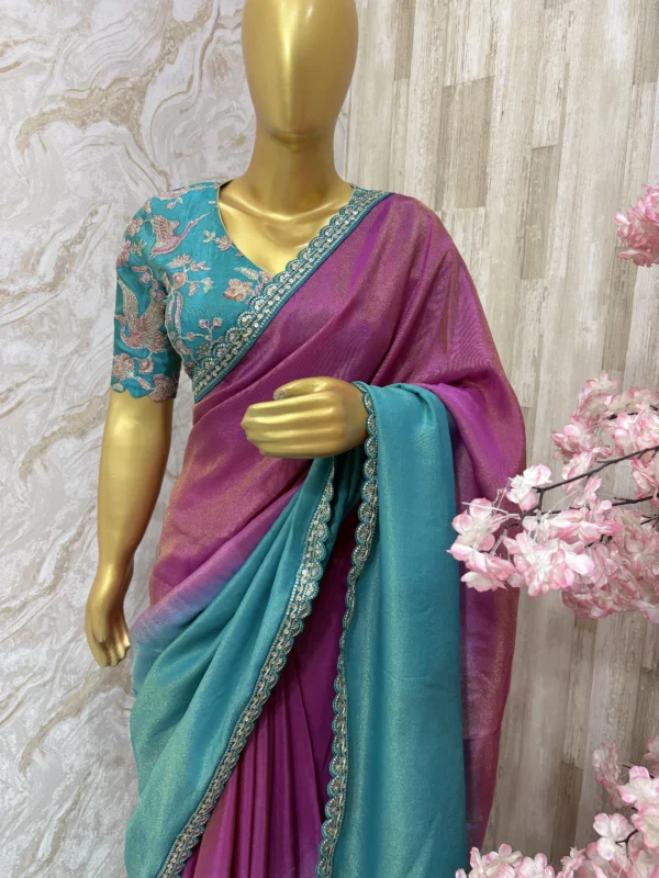 Pure tissue dual shade saree paired with beautiful tissue blouse with sequin & zari weaving
