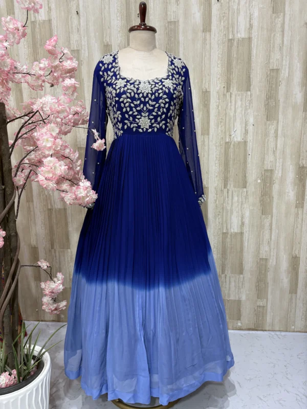 Heavy maggam work dual shade long gown with heavy flare