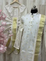 Pure chiniya pattu kurta paired with pure pattu dhoti & kanduva