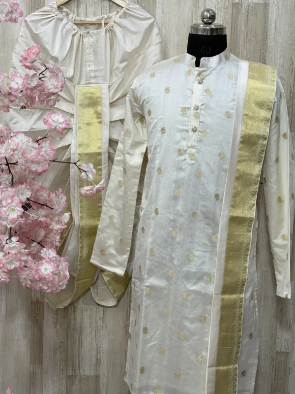 Pure chiniya pattu kurta paired with pure pattu dhoti & kanduva