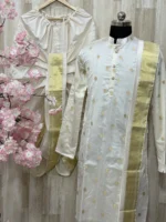 Pure chiniya pattu kurta paired with pure pattu dhoti & kanduva