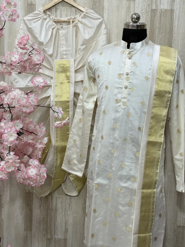 Pure chiniya pattu kurta paired with pure pattu dhoti & kanduva