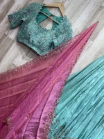 Bridal tissue heavy hand work lehenga & blouse paired with contrast dupatta