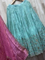 Bridal tissue heavy hand work lehenga & blouse paired with contrast dupatta