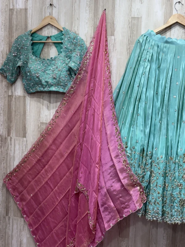 Bridal tissue heavy hand work lehenga & blouse paired with contrast dupatta