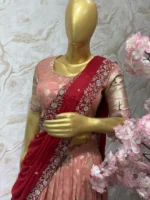 Pure munga crepe lehenga having maggam work on blouse paired with rich maggam work dupatta