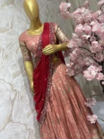 Pure munga crepe lehenga having maggam work on blouse paired with rich maggam work dupatta