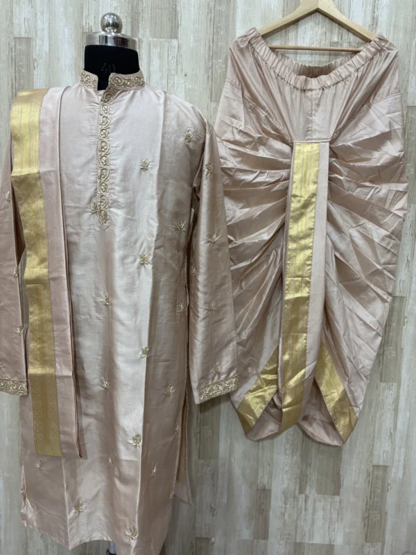 Pure pattu men's kurta with beautiful maggam work paired with matching dhoti & kanduva