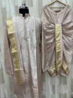 Pure pattu men's kurta with beautiful maggam work paired with matching dhoti & kanduva