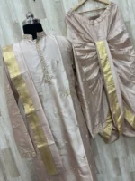 Pure pattu men's kurta with beautiful maggam work paired with matching dhoti & kanduva