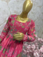 Georgette floral long gown having rich maggam work on yoke part