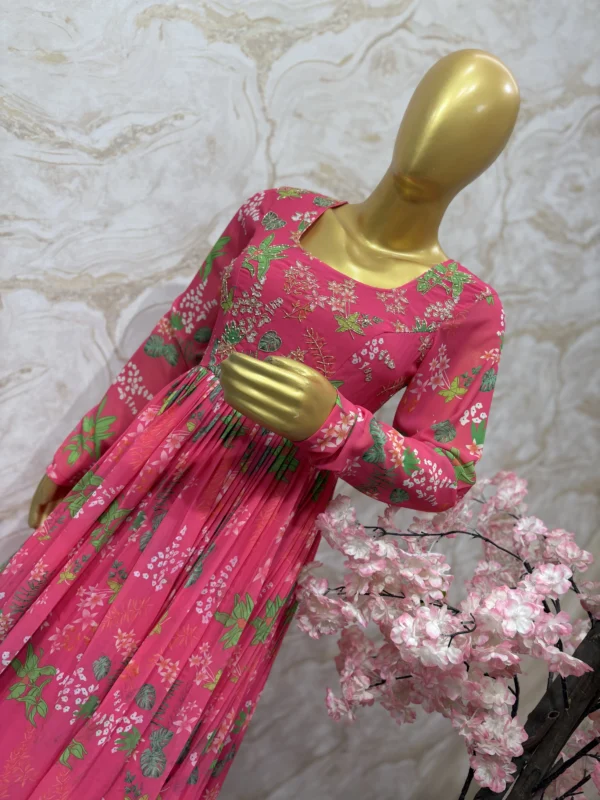 Georgette floral long gown having rich maggam work on yoke part