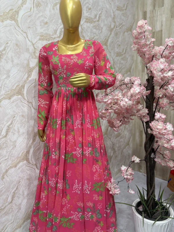 Georgette floral long gown having rich maggam work on yoke part