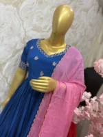Pure crepe long gown with maggam work on yoke part paired with chinnon dupatta with scalap edges