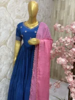 Pure crepe long gown with maggam work on yoke part paired with chinnon dupatta with scalap edges