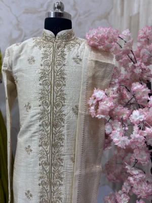 Pure raw silk men's shervani with heavy maggam work with dhoti & kanduva