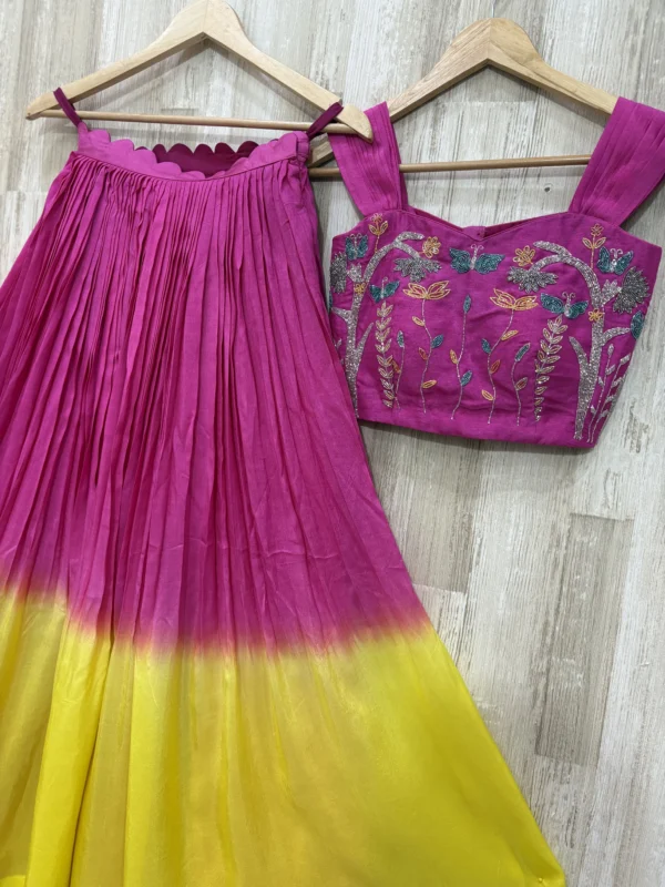 Dual shade skirt paired with pretty maggam work blouse