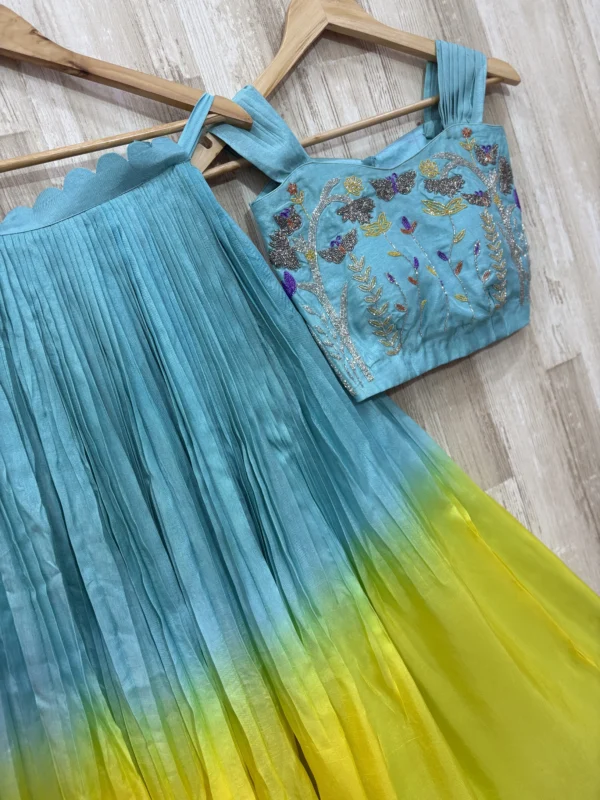 Pure crepe dual shade skirt paired with beautiful maggam work crop