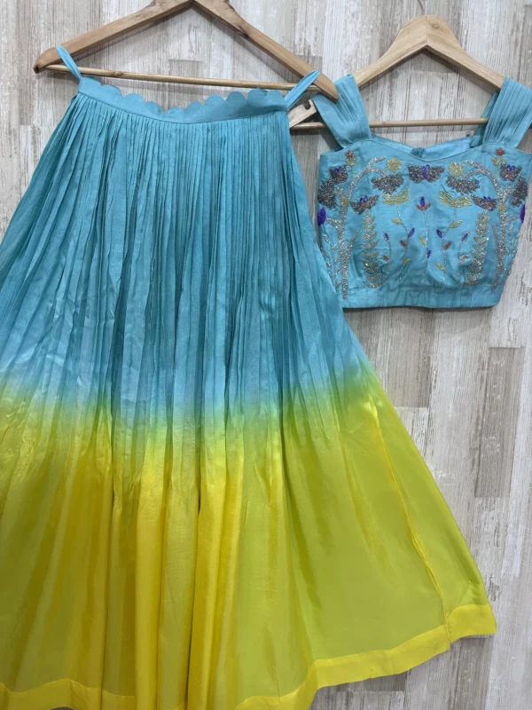 Pure crepe dual shade skirt paired with beautiful maggam work crop