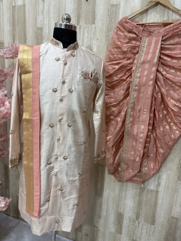 Pure pattu sherwani paired with dhoti & kanduva