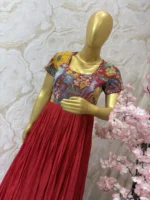 Hand painted pen kalamkari long gown having heavy maggam work